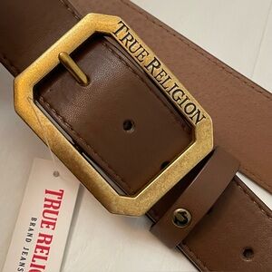 True Religion Brown Faux Leather Belt with Gold Metal Buckle Retro Chunky, L/XL